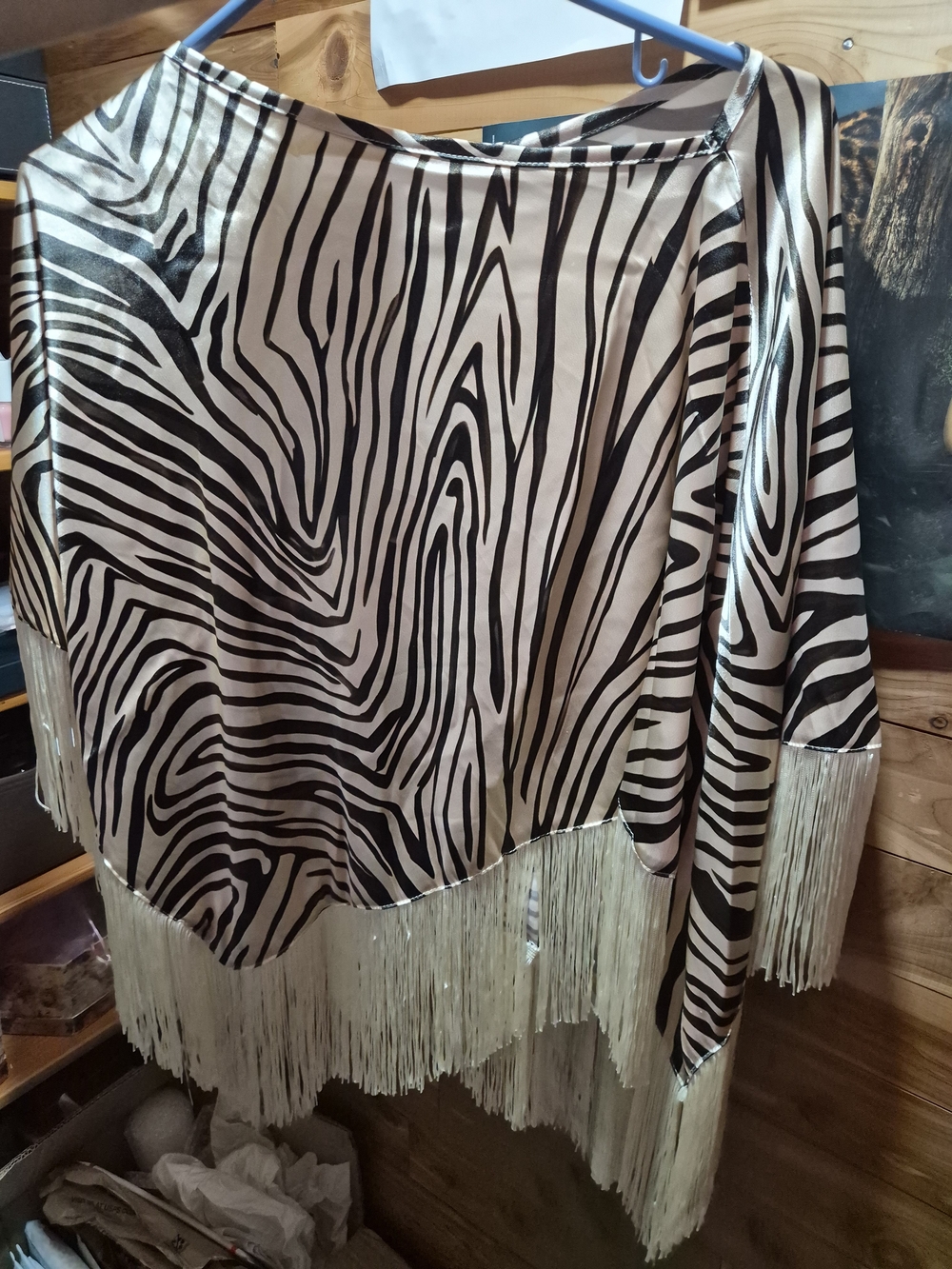 Zebra-Print Asymmetrical Fringe Pincho Scarf- Black & Cream